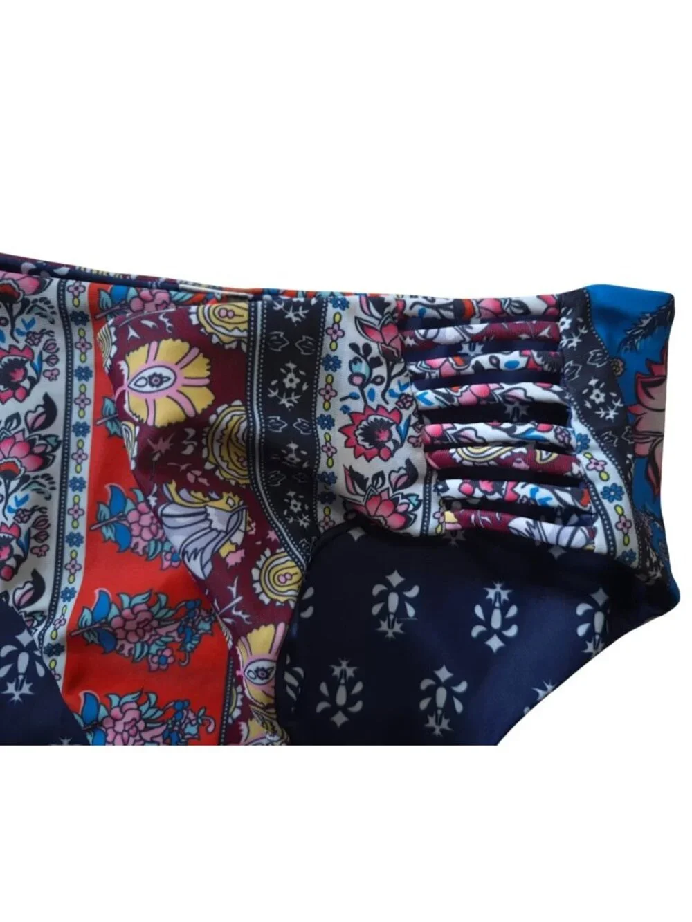 Boho High Neck Bikini Set Womens Medium Floral Paisley Print Swimwear Stretch.